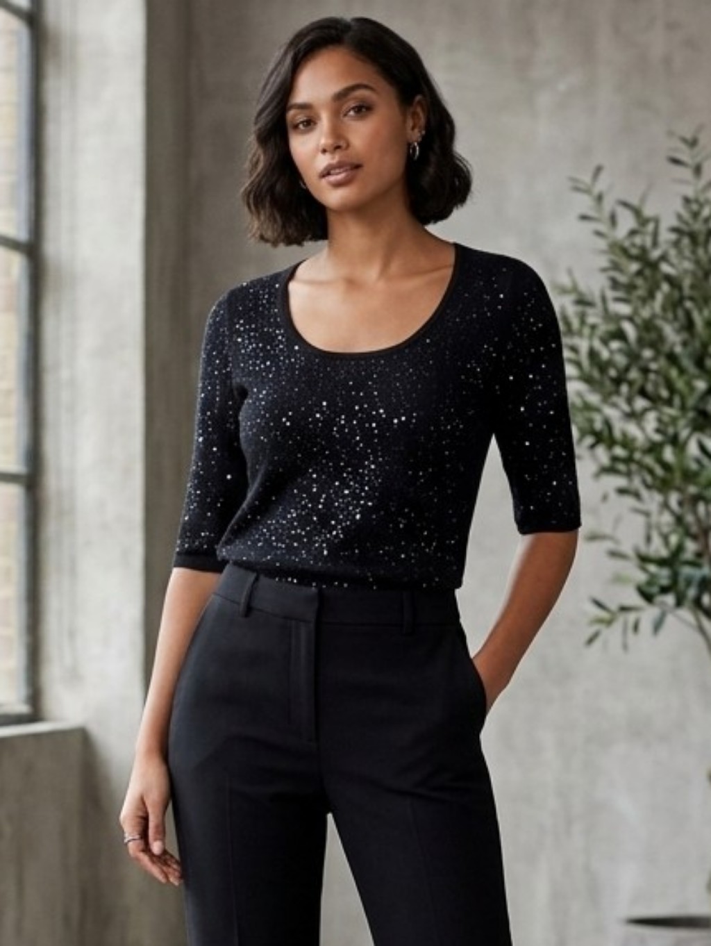 Neiman Marcus Cashmere Collection Elbow Sleeve Cashmere Sweater Small